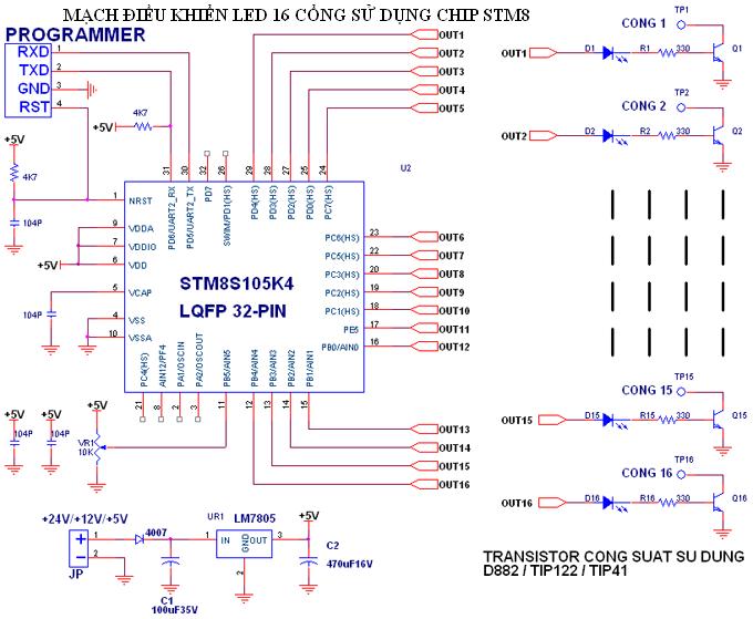 mạch led 16 cổng sử dụng Chip STM8S105 (hãng ST Micrcontroller)